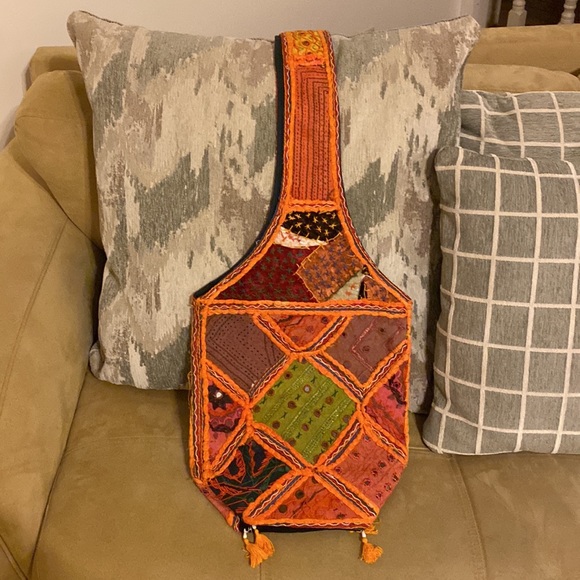Boho, orange, yellow, tan, patchwork, shoulder bag w/ fringe - Picture 4 of 5